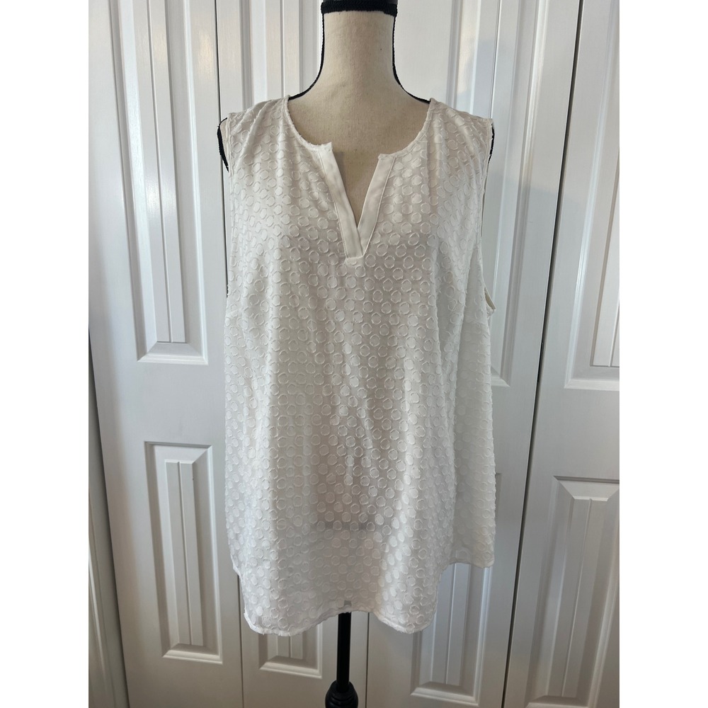 Market & Spruce Womens White Textured Circle Sleeveless Split V-Neck Top 2X NEW